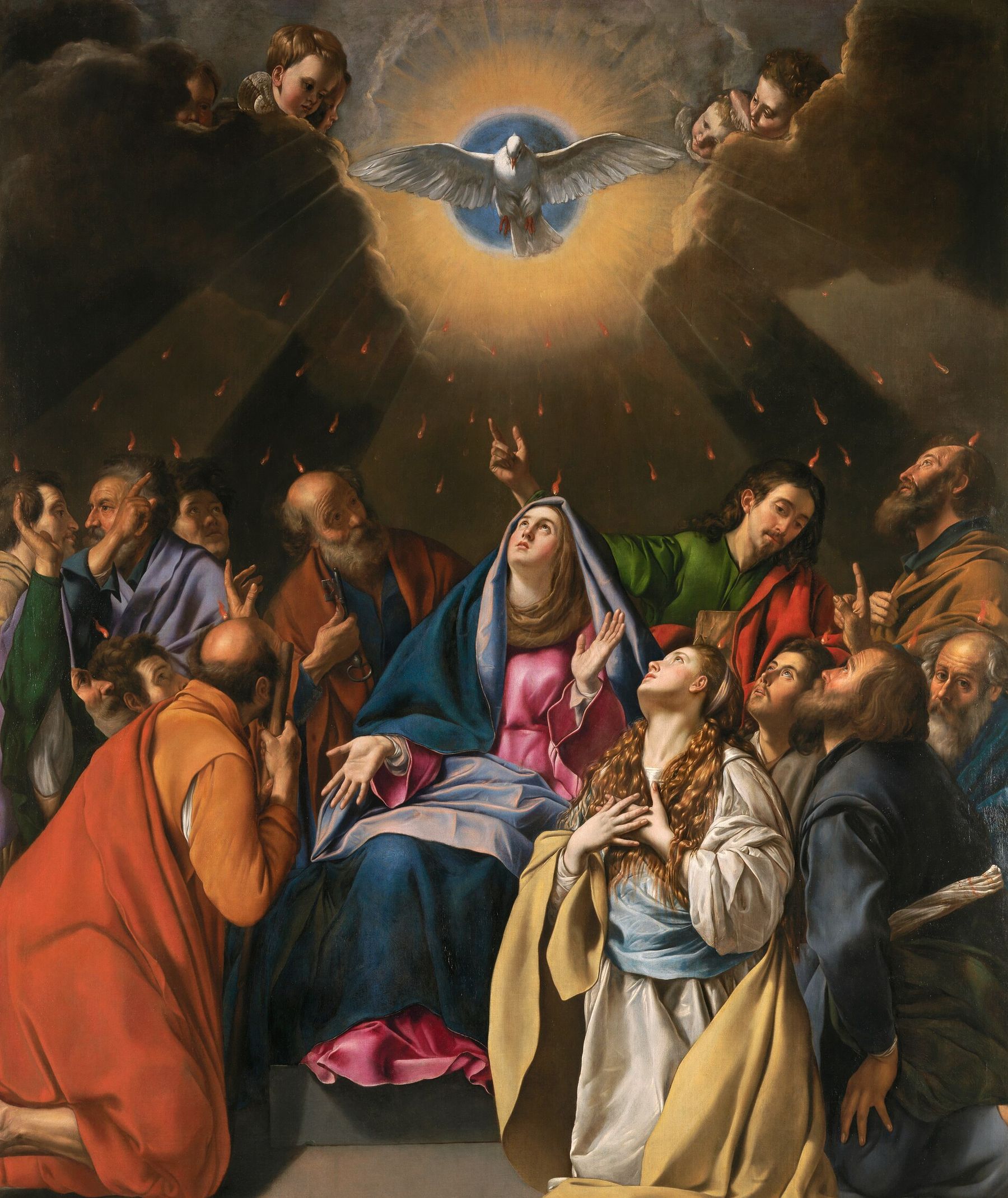Juan Bautista Maíno’s painting of Pentecost, the apostles and Mary looking up in wonder as flames fall from the radiant dove above