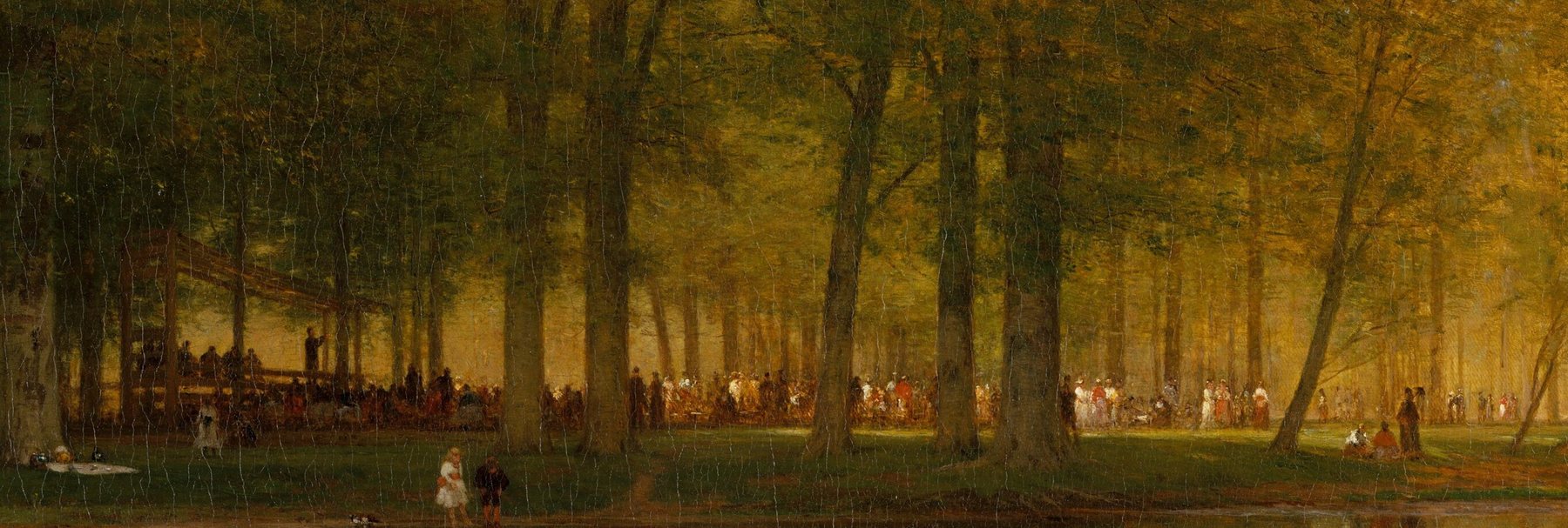 Worthington Whittredge’s painting of a camp meeting, a crowd gathered by a preacher’s stand beneath a sunlit grove of tall trees