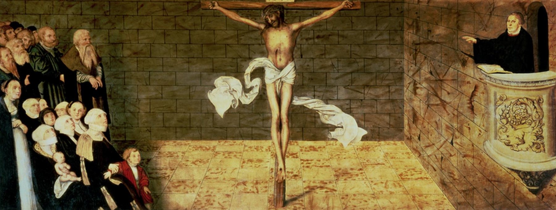 Lucas Cranach’s altar panel of Martin Luther in the pulpit pointing to Christ on the cross, with the Wittenberg congregation listening on the left