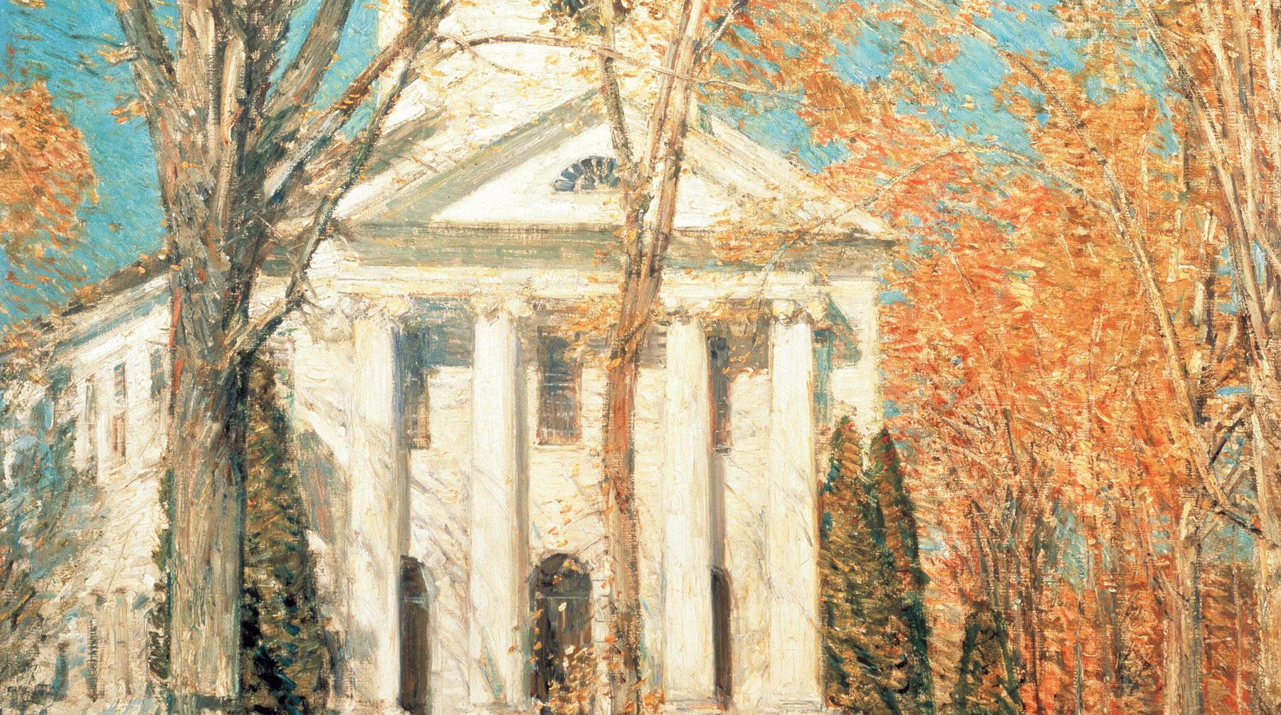 Childe Hassam’s painting of the white columned front of the church at Old Lyme, framed by orange autumn trees