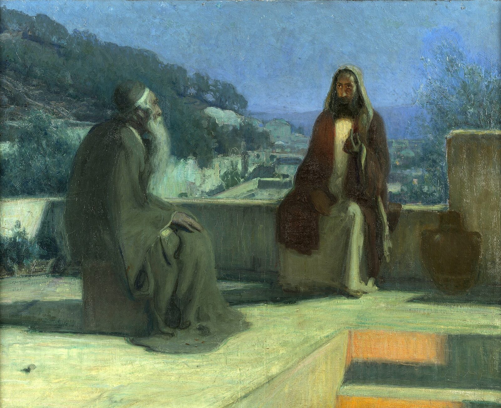 Henry Ossawa Tanner’s painting of Nicodemus coming to Jesus by night, the two seated on a moonlit rooftop in Jerusalem