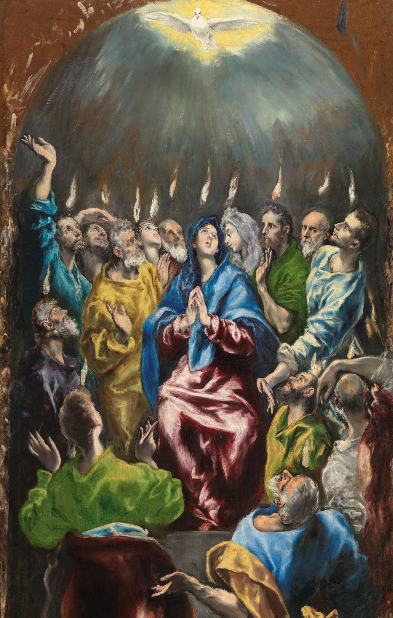 El Greco’s painting of Pentecost, tongues of fire resting on the heads of Mary and the apostles as the dove of the Holy Spirit shines above them