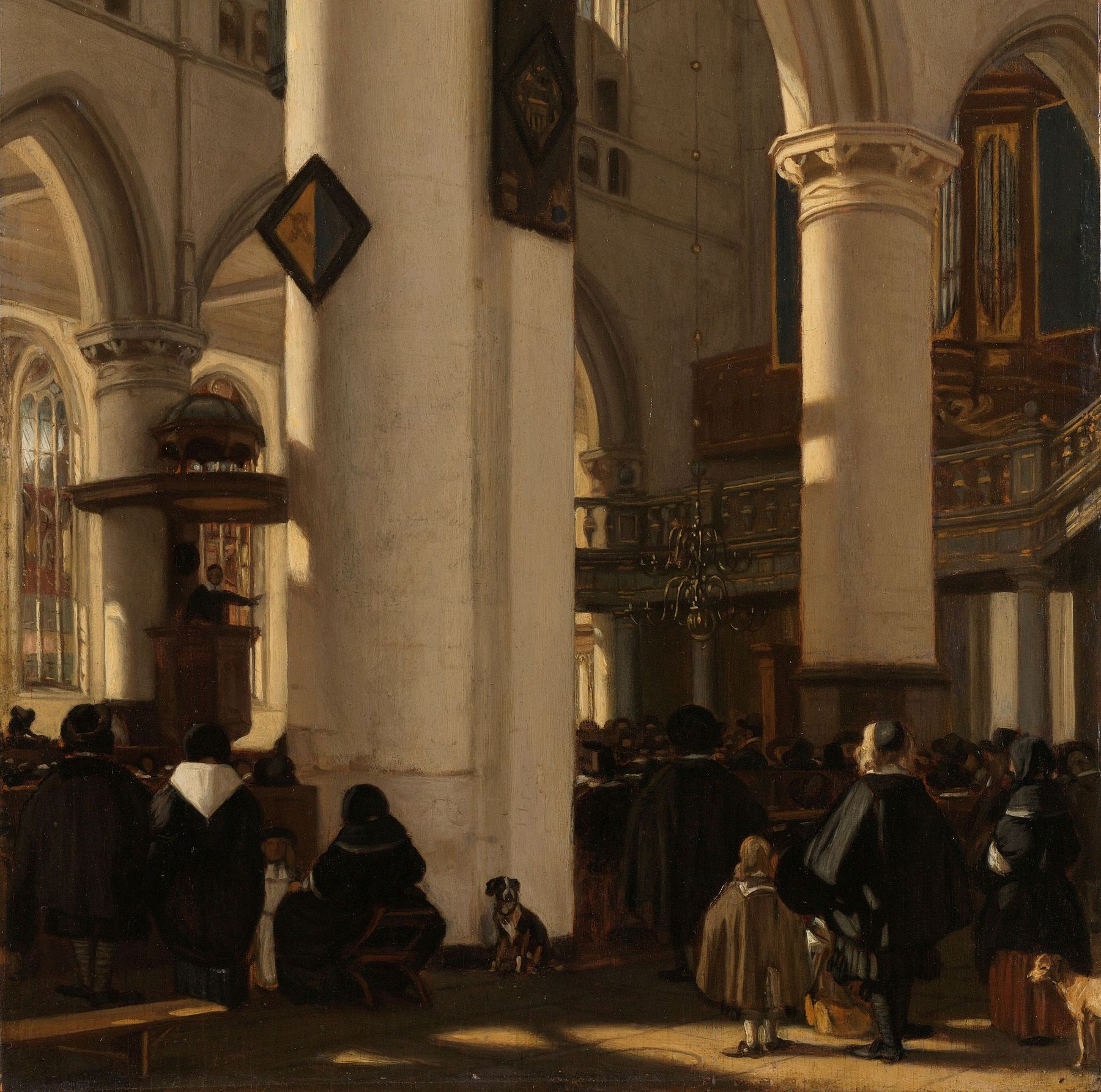 Emanuel de Witte’s painting of a Reformed congregation in a whitewashed Gothic church, listening to a minister preaching from the pulpit
