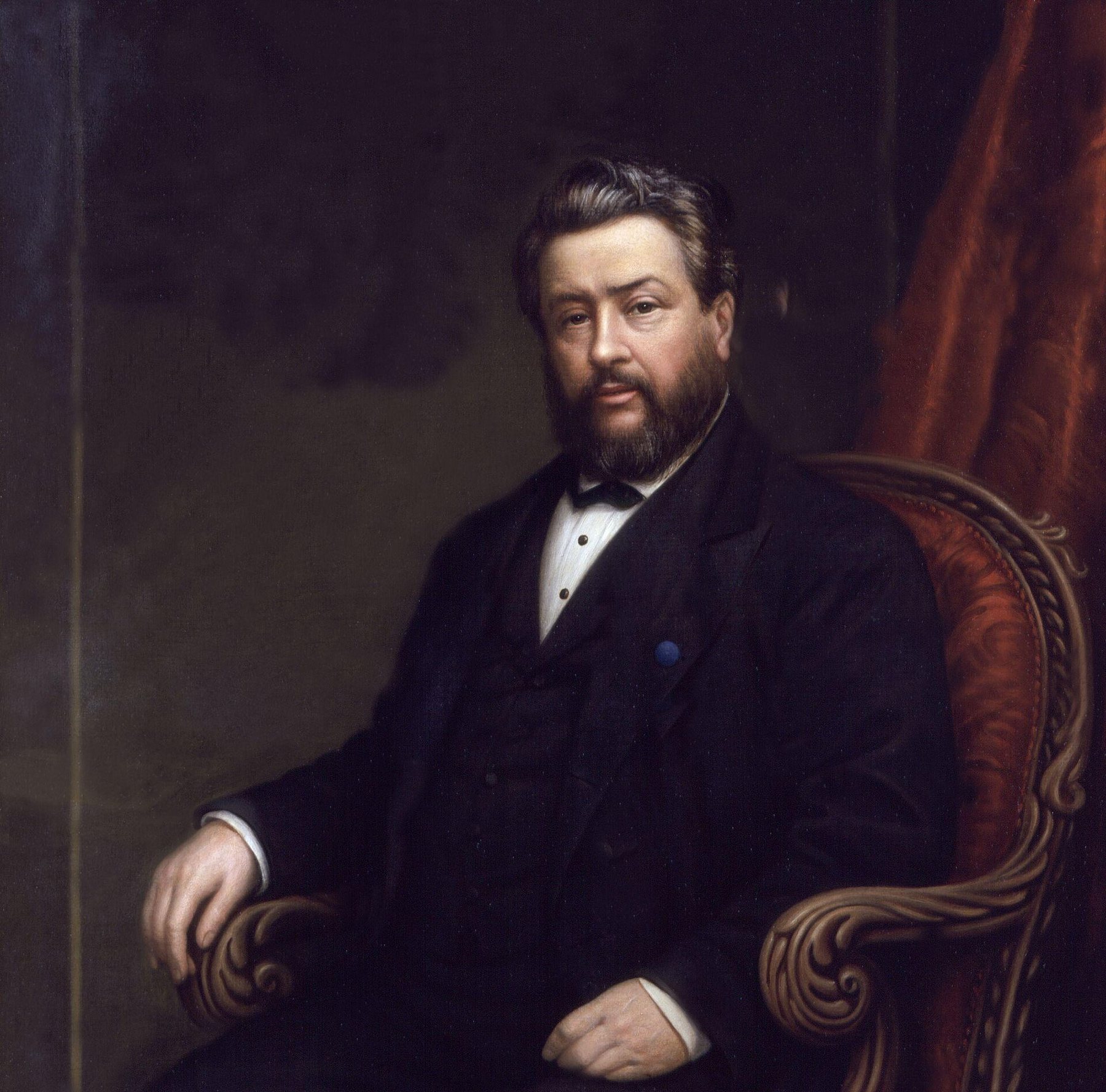 Alexander Melville’s portrait of the Baptist preacher Charles Haddon Spurgeon, seated in a red armchair in a dark suit