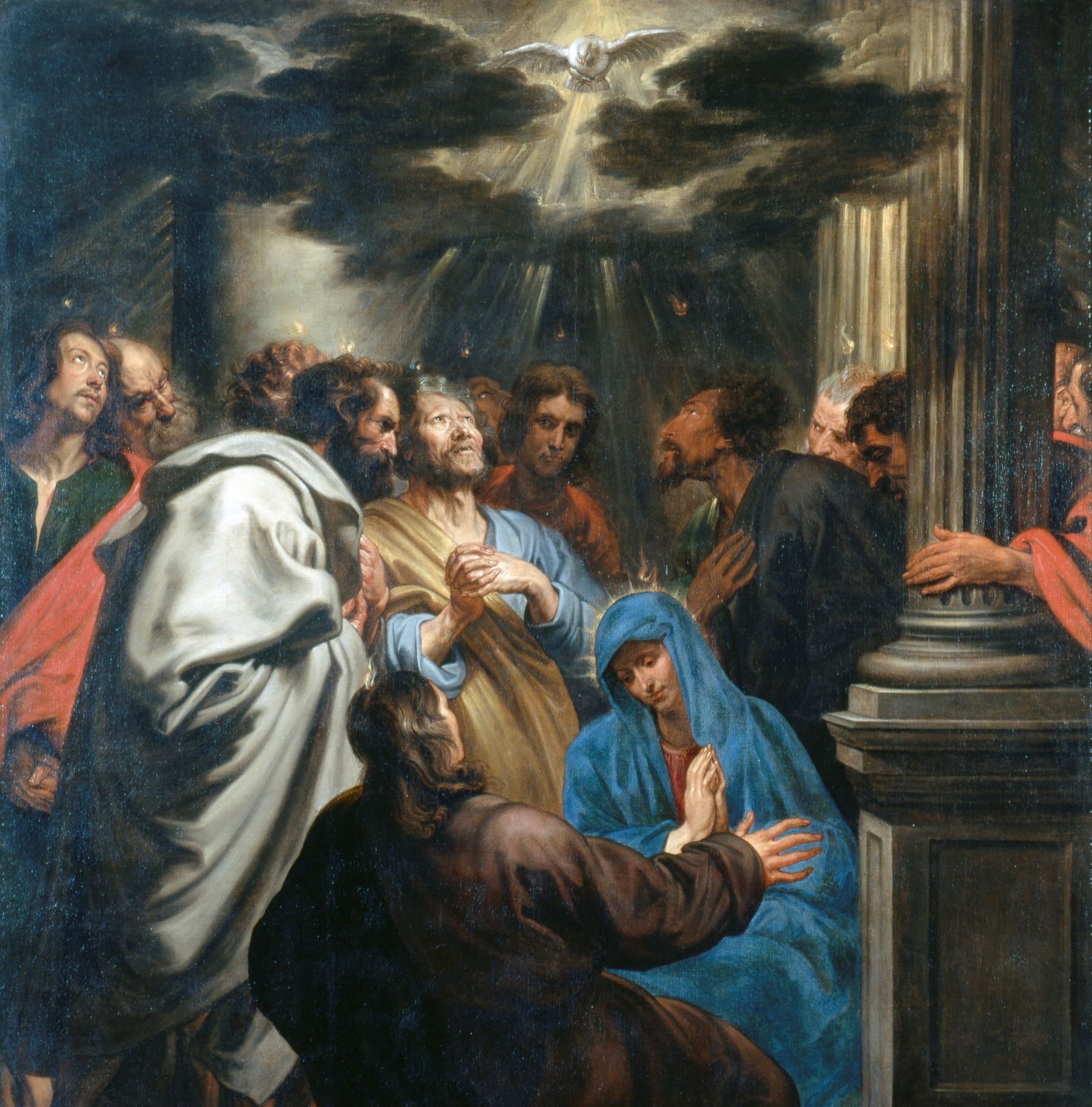 Anthony van Dyck’s painting of Pentecost, the apostles and Mary gazing upward as the dove of the Holy Spirit descends in a burst of light