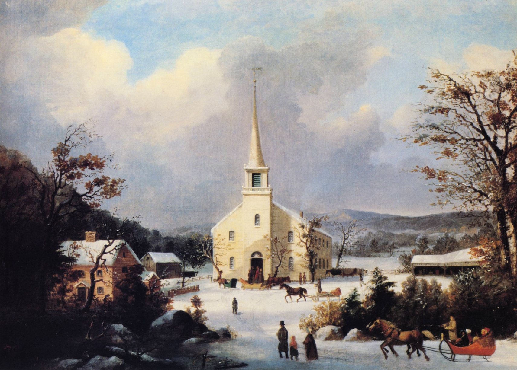 George Henry Durrie’s painting of villagers walking and riding sleighs through the snow to a white steepled country church