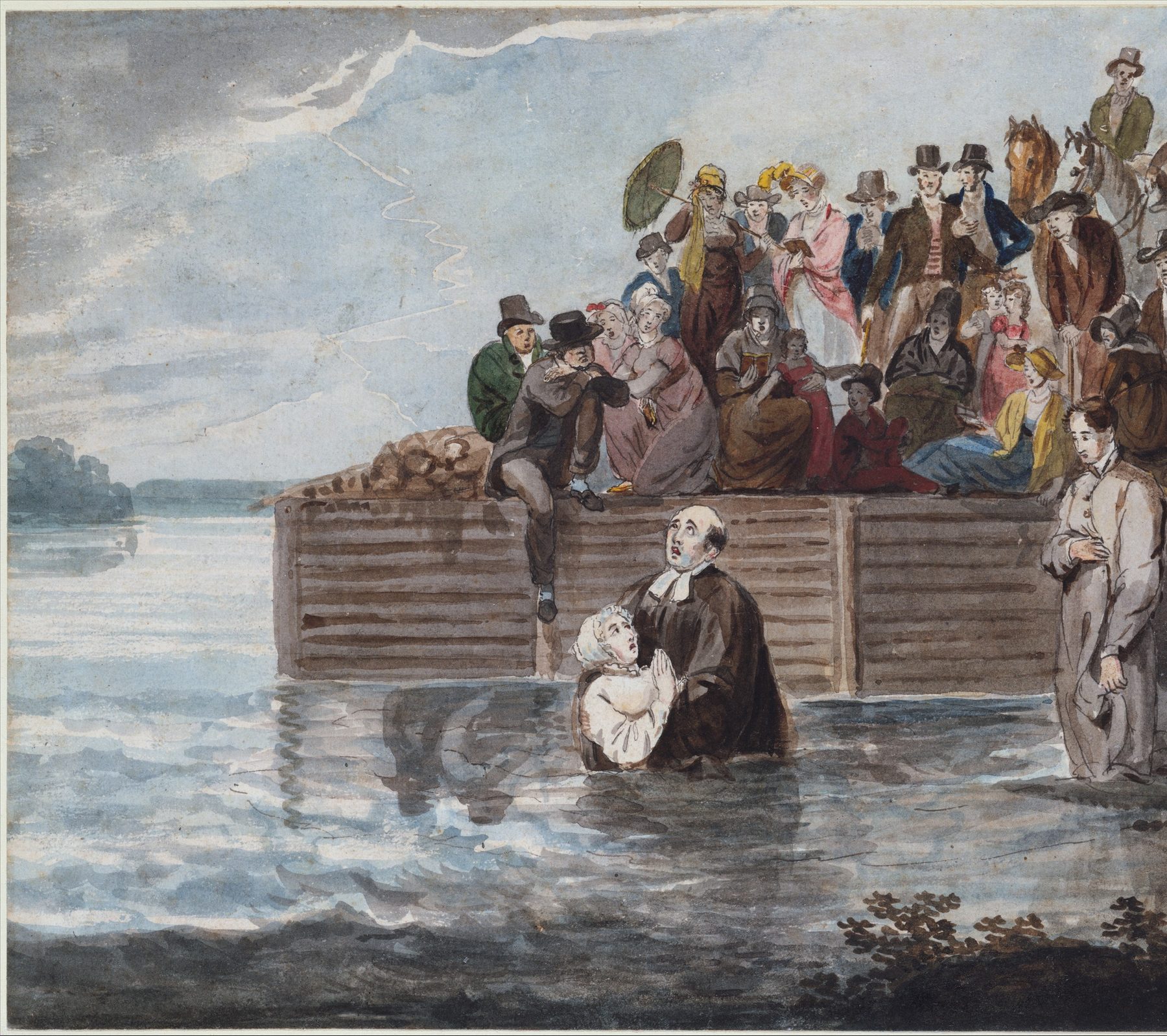 Pavel Svinin’s watercolour of a Baptist minister immersing a woman in a river while a crowd watches from a wharf and more candidates in white wait their turn