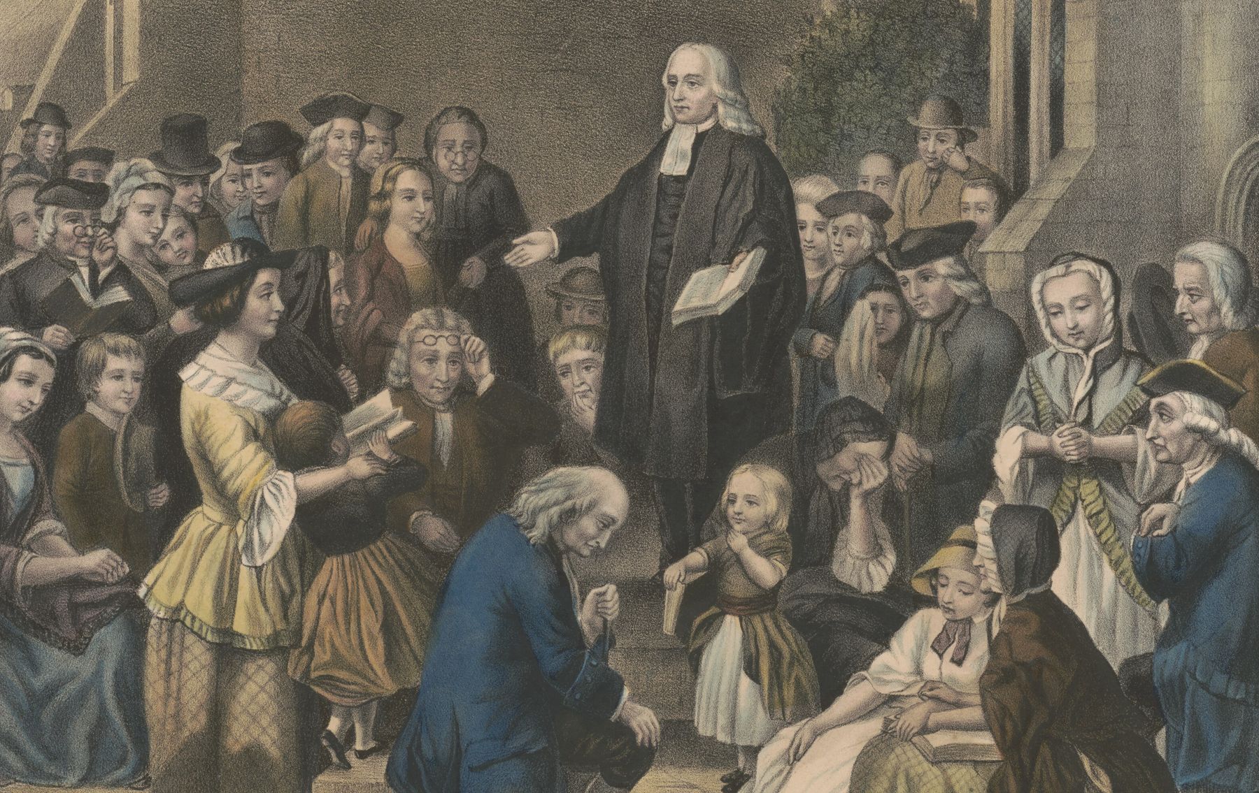 A hand-coloured Currier and Ives print of John Wesley preaching in the Epworth churchyard to a crowd of listeners, some kneeling and weeping